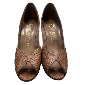 Vintage Mr Seymour Brown Snake Skin Peep-Toe Pumps